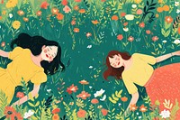 Women laying chilling on the grass field cartoon flower plant.
