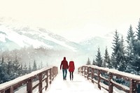 Couple walking on a wooden bridge snow landscape mountain.