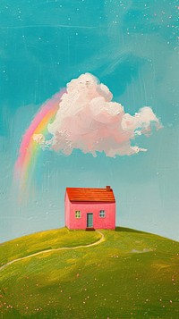 Painting rainbow house sky.