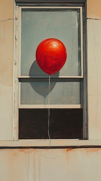 Minimal space red balloon near suburb house window painting architecture fireplace.