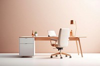 White and light brown wooden office desk chair furniture computer.