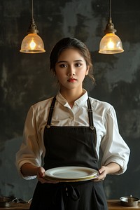 Filipino Woman waiter chef restaurant tableware.