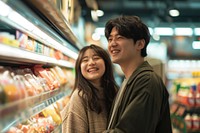 Photo of Japanese young adult couple supermarket shopping happy.