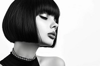 American young women black bob cut hair portrait photography jewelry.
