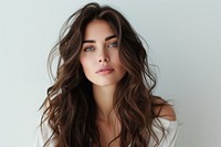 Beautiful brunette woman with long wavy hair portrait photography fashion.