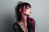 European young woman with pink black long wolf cut hair portrait fashion adult.