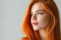 European young woman with orange hime long hair portrait skin photography.