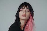 European young woman with pink black long wolf cut hair portrait photography fashion.