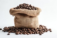 Coffee and coffee beans sack bag white background.