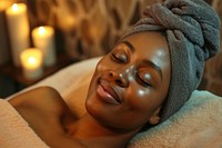 Black South African woman spa comfortable relaxation.