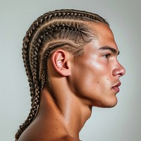 Handsome white young man hair is long cornrows design portrait braid adult.