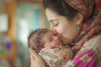 Middle eastern mom kissing new baby born portrait newborn smiling.