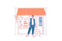 A cheerful small business owner standing and smiling in front of their shop in the style of minimalist illustrator drawing sketch adult.