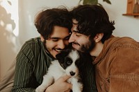 Middle eastern gay couple kiss their puppy portrait smiling mammal.