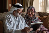 Elderly Middle eastern couple using tablet smiling adult love.