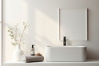 Scandinavian interior design of a bathroom bathtub white sink.