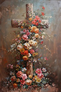 A wooden Christ cross adorned with flowers painting art fragility.