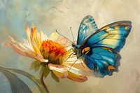 Graceful blue and yellow-winged butterfly painting flower petal.