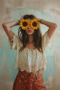A radiant woman sunflower painting portrait.