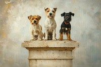 Three adorable dogs standing proudly on a contest podium pet painting terrier.
