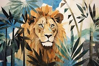Abstract lion in tropical forest ripped paper art wildlife painting.