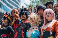 Group of cosplayer community costume adult togetherness.