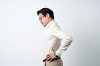 An east asian man suffering from back pain symptom portrait sleeve adult.