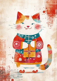 A Happy cat celebrating chinese new year wearing chinese suit art pattern mammal.