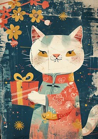 A Happy cat celebrating chinese new year wearing chinese suit art painting collage.