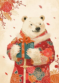 A Happy polar bear celebrating chinese new year wearing chinese suit mammal cute art.