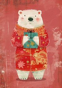 A Happy polar bear celebrating chinese new year wearing chinese suit art pattern representation.