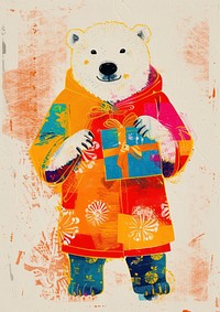 A Happy polar bear celebrating chinese new year wearing chinese suit art painting representation.