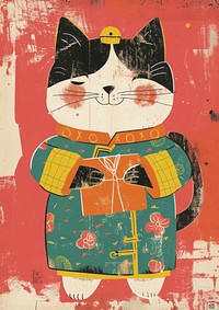 A Happy cat celebrating chinese new year wearing chinese suit art painting anthropomorphic.