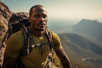 Strong mountain African climber backpacking adult mountaineering.