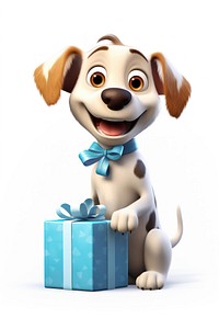 Dog holding big gift cartoon toy representation.