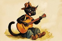 Vintage illustration of a happy alleycat guitar musician representation.