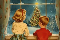 Vintage illustration boy and girl christmas window child.