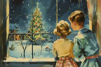 Vintage illustration boy and girl christmas window tree.