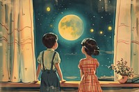 Vintage illustration boy and girl moon astronomy painting.
