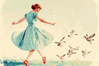 Vintage illustration girl dancing flying dress.