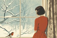 Vintage illustration girl art looking winter.