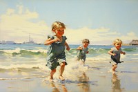 Kids playing at beach outdoors painting summer.