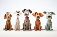 Five of diversity dog made up of clay figurine toy anthropomorphic.