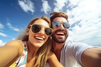 Diverse couple sunglasses cheerful laughing.