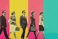 Retro collage of diversity business people glasses handbag walking.