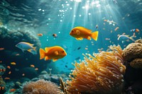 Fishes on coral reef nature underwater aquarium.