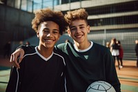 Diverse teen men wearing football team outfit basketball portrait smiling.