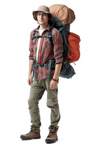 Photo of a backpacker backpacking footwear white background.