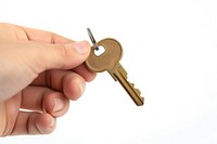 Person holding key white background keychain finger.