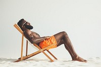 Photo of black man lay on beach chair sunbathing sitting travel.